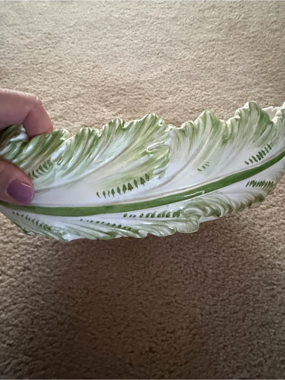 Leaf-Edge Ceramic Serving Bowl in White and Green